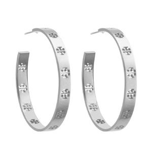 TORY BURCH • Silver Pierced T Logo Hoop Earrings